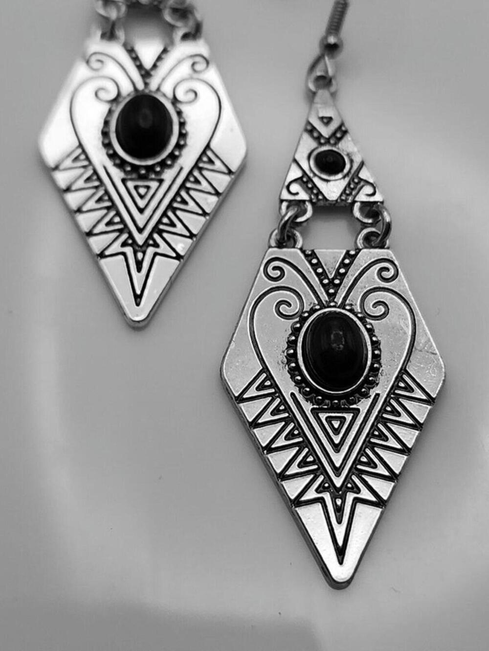 Nomadic Spear Silver Boho Engraved Blue Stone Earrings - Picture 2 of 3